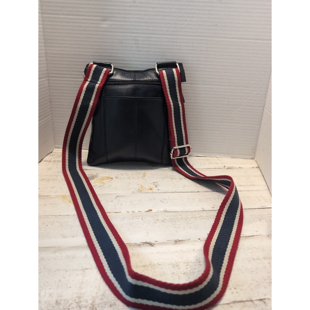 Navy Blue Leather and Cotton Red White Blue Crossbody Bag‎ Pockets